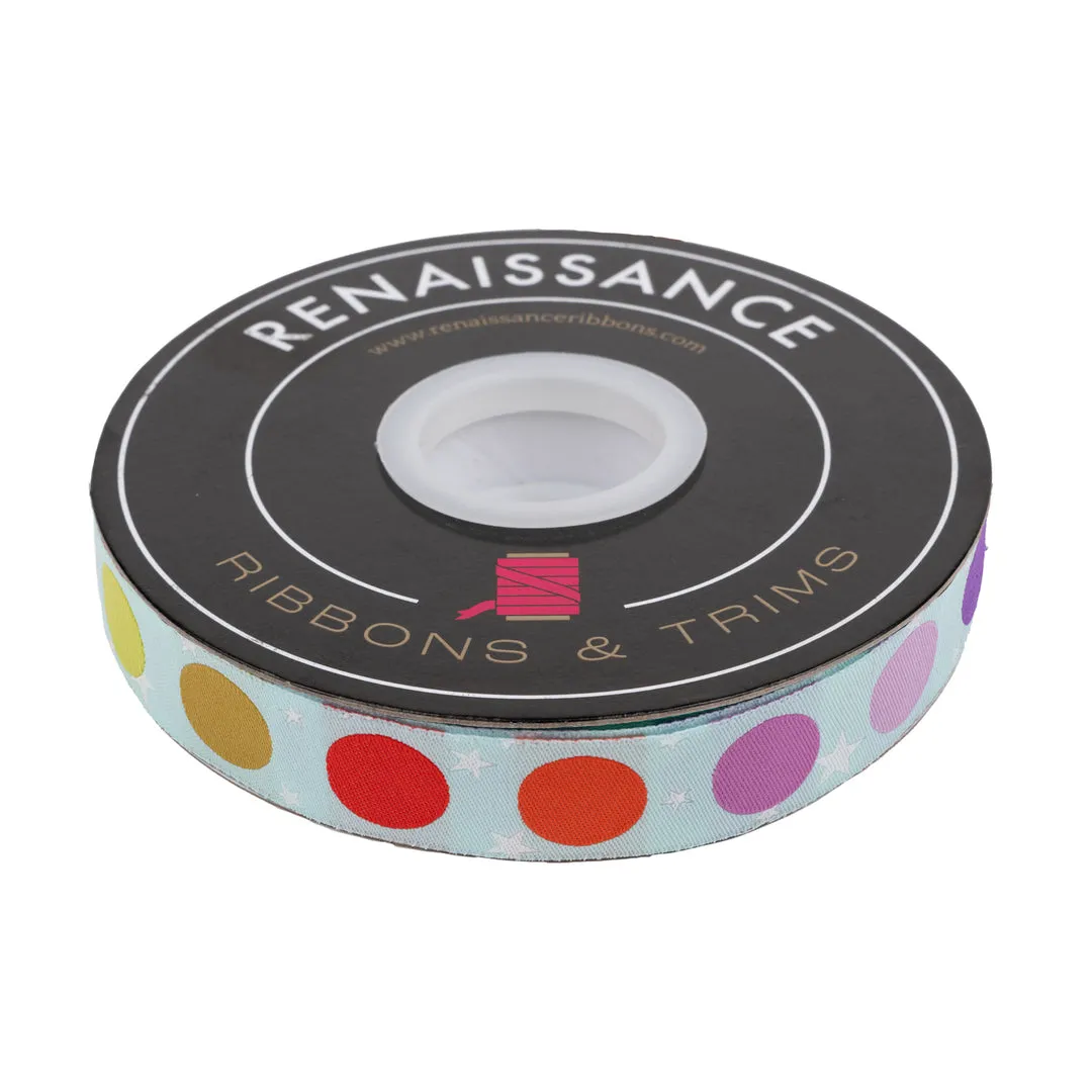 RENAISSANCE RIBBONS - Tula Pink - Tabby Road DejaVu, Disco Dot - Blue/Multi 3/8in wide