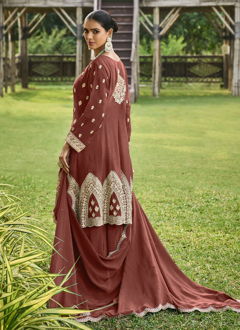 Rust Red Multi Embroidery Sharara Style Suit