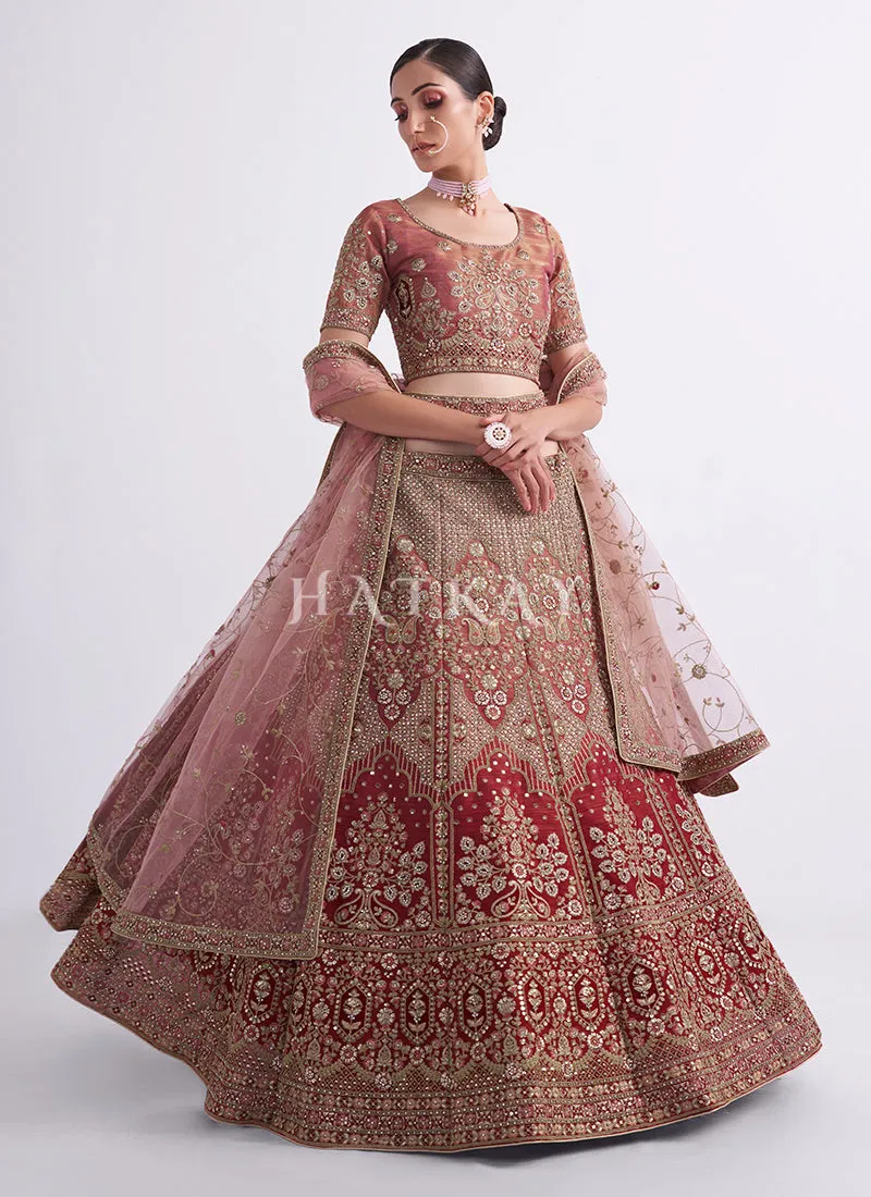 Rust Red Shaded Heavy Embroidered Designer Wedding Lehenga Choli