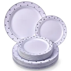 Silver Spoons Elegant Plastic DINNERWARE 240 PC Set Dinner 120 Salad or Dessert Plates, Servings, White/Silver