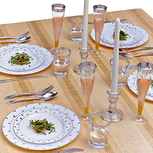 Silver Spoons Elegant Plastic DINNERWARE 240 PC Set Dinner 120 Salad or Dessert Plates, Servings, White/Silver