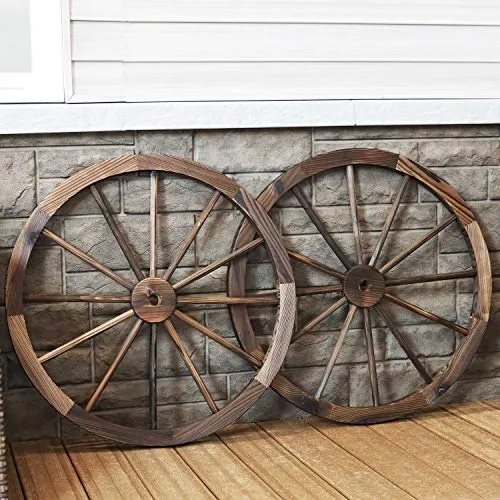 Sunnydaze Decorative Wooden Wagon Wheel - Set of 2 - Natural Fir Wood - Rustic Western Indoor and Outdoor Decor - Ideal for Kitchen, Garden, Porch, Patio, Yard and Landscape - 29-Inch - Natural