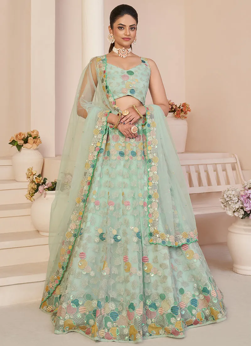 Teal Blue Multi Sequence Embroidery Festive Lehenga Choli