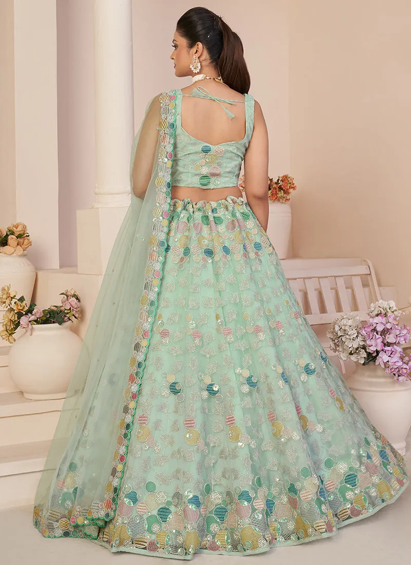 Teal Blue Multi Sequence Embroidery Festive Lehenga Choli