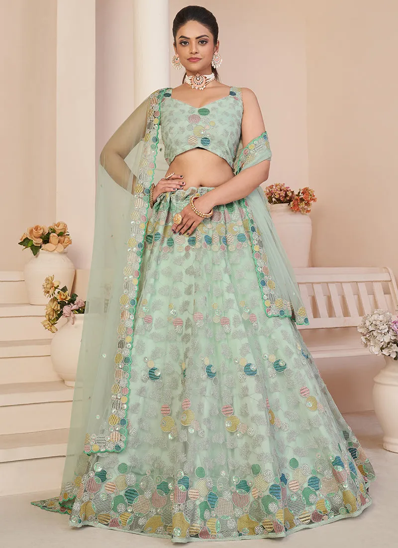 Teal Blue Multi Sequence Embroidery Festive Lehenga Choli