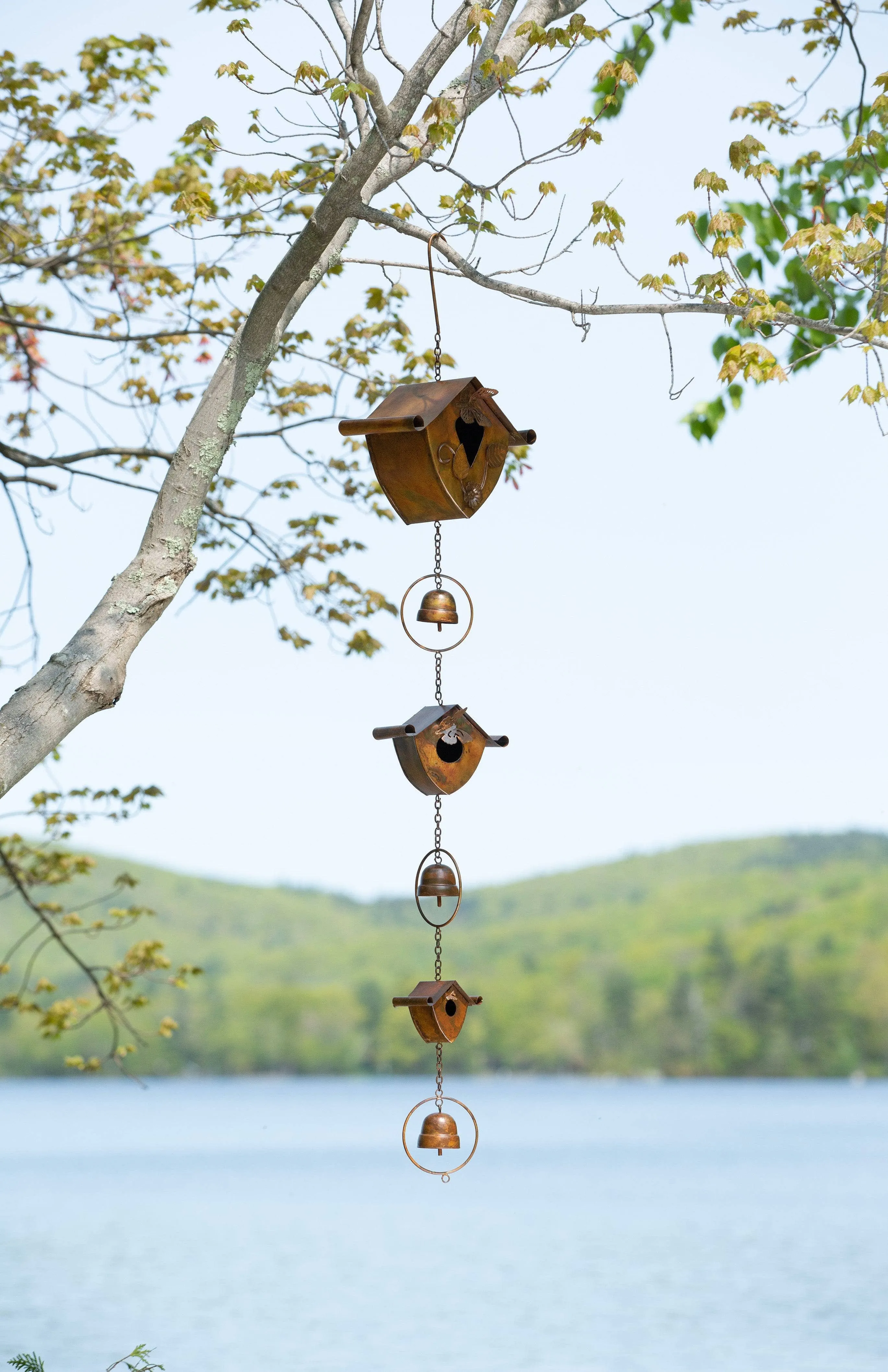 Triple Birdhouse and Bells Hanging Ornament