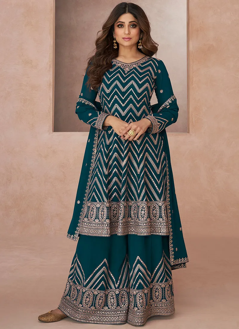 Turquoise Embroidery Festive Anarkali Palazzo Suit