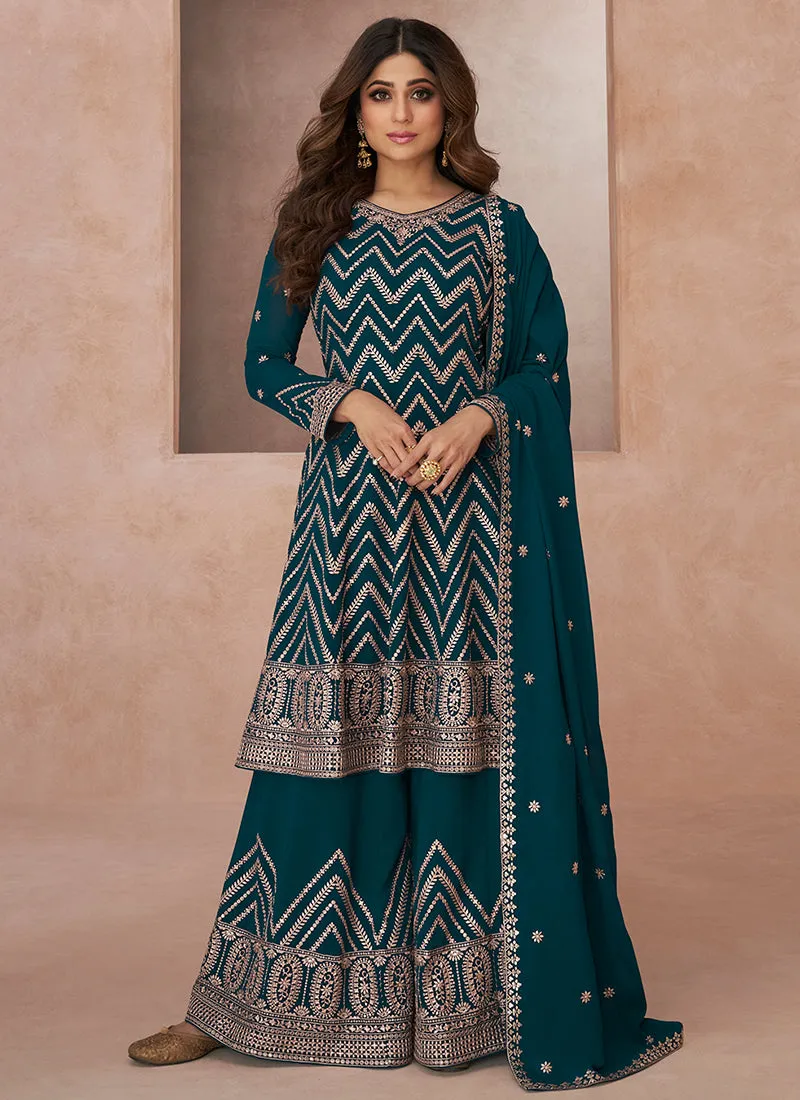 Turquoise Embroidery Festive Anarkali Palazzo Suit