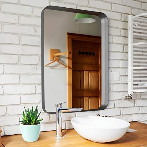 Upland Oaks Medium Bathroom Mirrors for Wall - Modern Rectangular Mirror with Seamless Metal Mirror Frame - Easy to Install, Mounting Hardware Included (Silver, Recessed 30"x22")