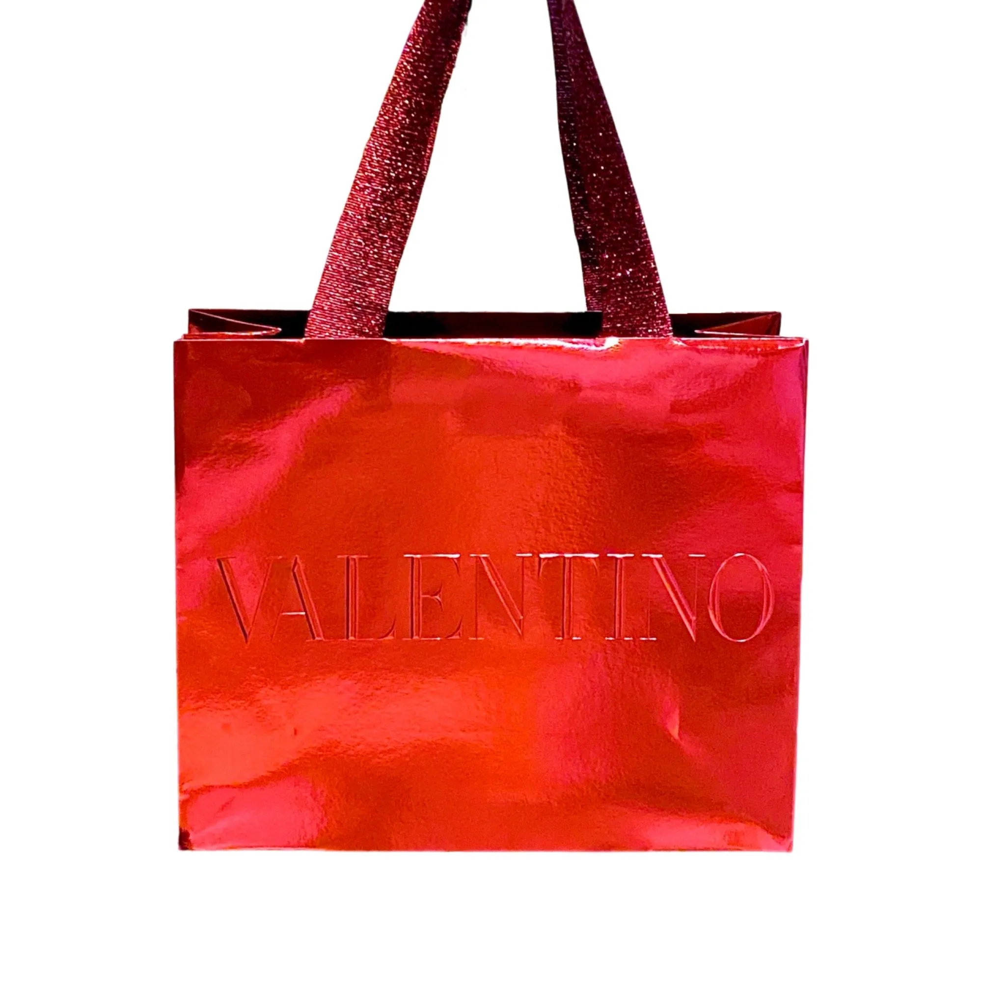 Valentino Shopping Gift Bag Red Metallic Paper Designer Logo Small