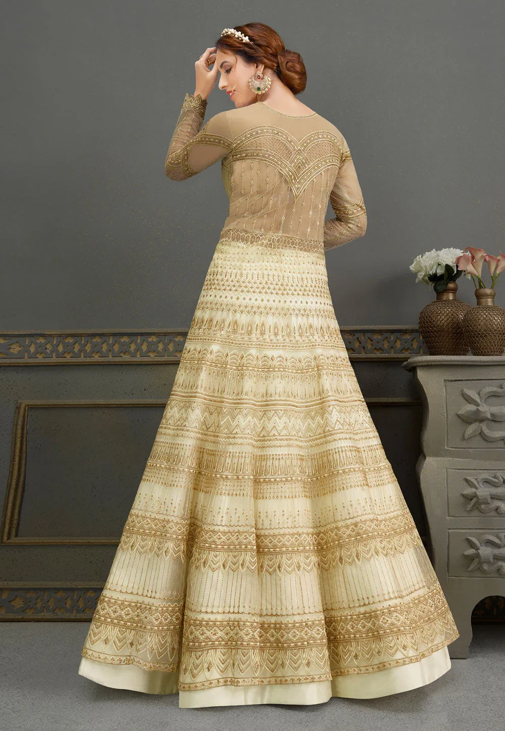 White Golden Embroidered Anarkali Lehenga