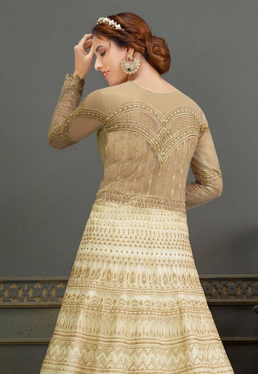 White Golden Embroidered Anarkali Lehenga