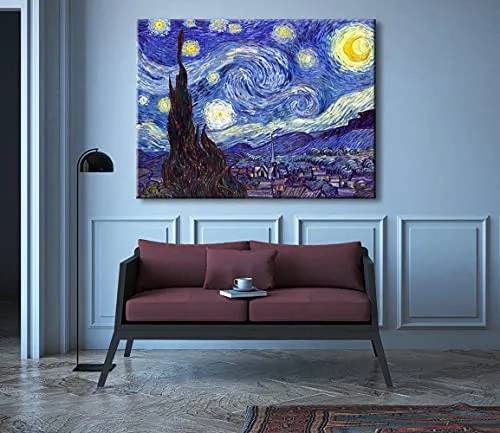 Wieco Art Starry Night Canvas Prints Wall Art by Van Gogh Classical Famous Artwork Huge Size Modern Blue Impressionist Sky Star Pictures Paintings for Living Room Bedroom Home Decorations 36x48 Inch