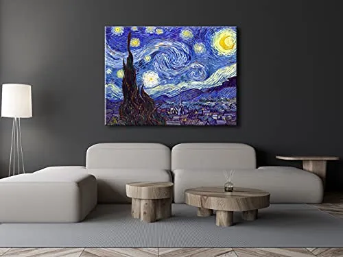 Wieco Art Starry Night Canvas Prints Wall Art by Van Gogh Classical Famous Artwork Huge Size Modern Blue Impressionist Sky Star Pictures Paintings for Living Room Bedroom Home Decorations 36x48 Inch