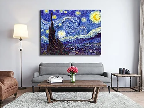 Wieco Art Starry Night Canvas Prints Wall Art by Van Gogh Classical Famous Artwork Huge Size Modern Blue Impressionist Sky Star Pictures Paintings for Living Room Bedroom Home Decorations 36x48 Inch