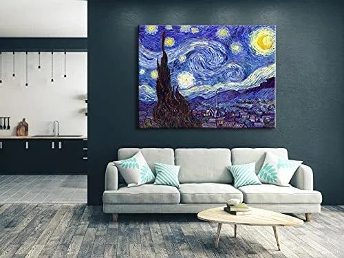 Wieco Art Starry Night Canvas Prints Wall Art by Van Gogh Classical Famous Artwork Huge Size Modern Blue Impressionist Sky Star Pictures Paintings for Living Room Bedroom Home Decorations 36x48 Inch