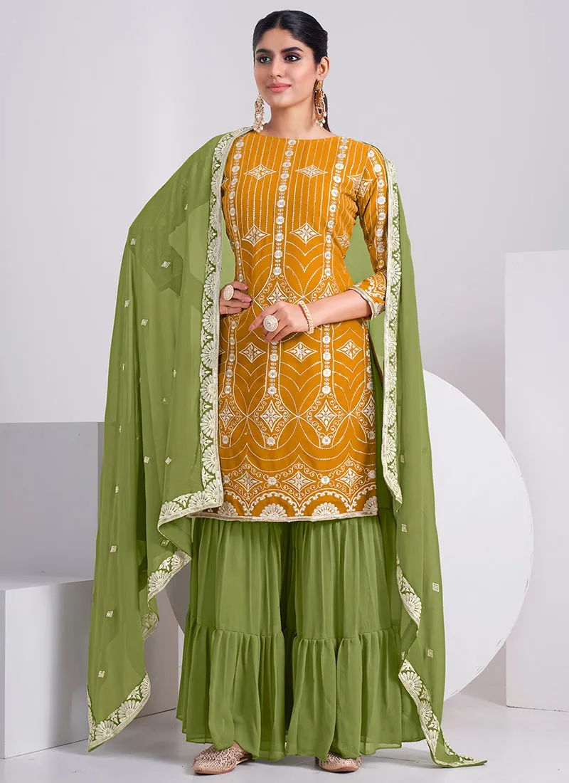 Yellow And Green Embroidery Festive Sharara Style Suit