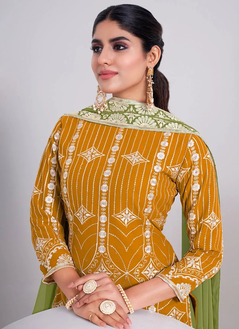 Yellow And Green Embroidery Festive Sharara Style Suit