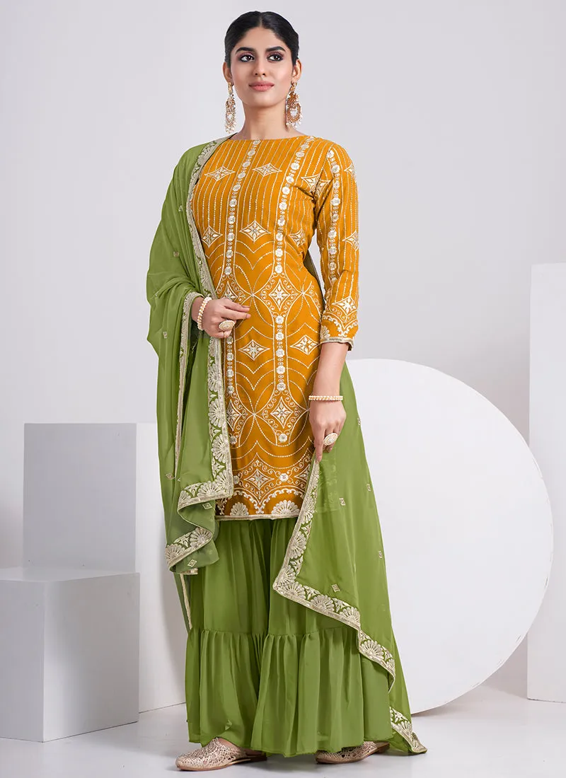 Yellow And Green Embroidery Festive Sharara Style Suit