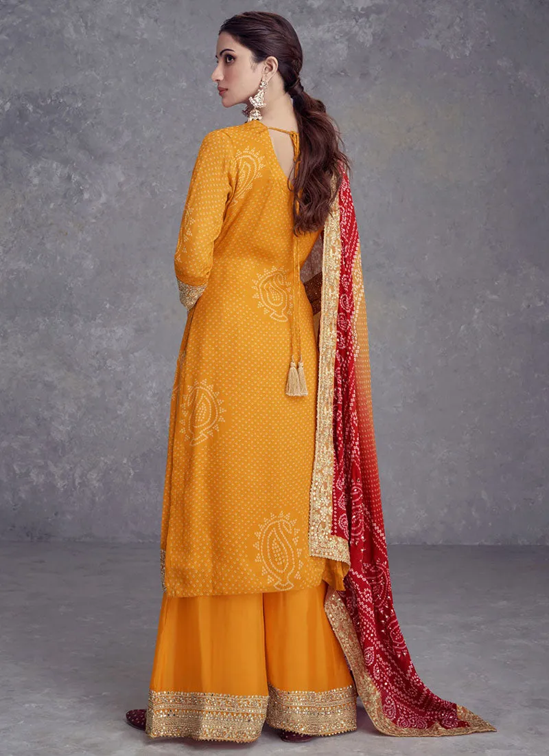 Yellow And Red Mirror Embroidery Bandhani Prited Palazzo Suit