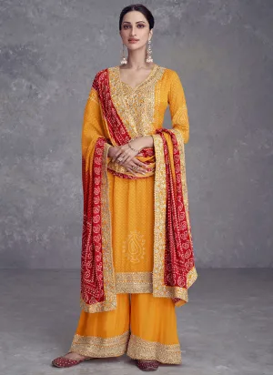 Yellow And Red Mirror Embroidery Bandhani Prited Palazzo Suit