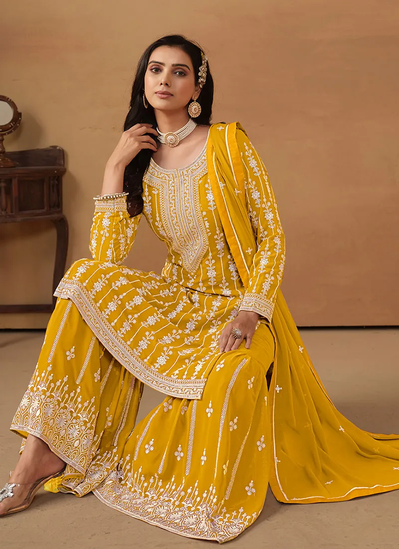 Yellow Embroidery Designer Gharara Suit