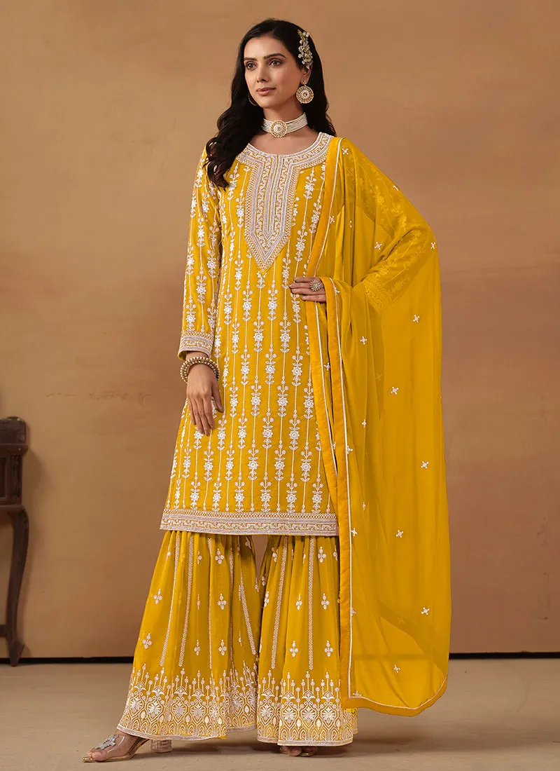 Yellow Embroidery Designer Gharara Suit