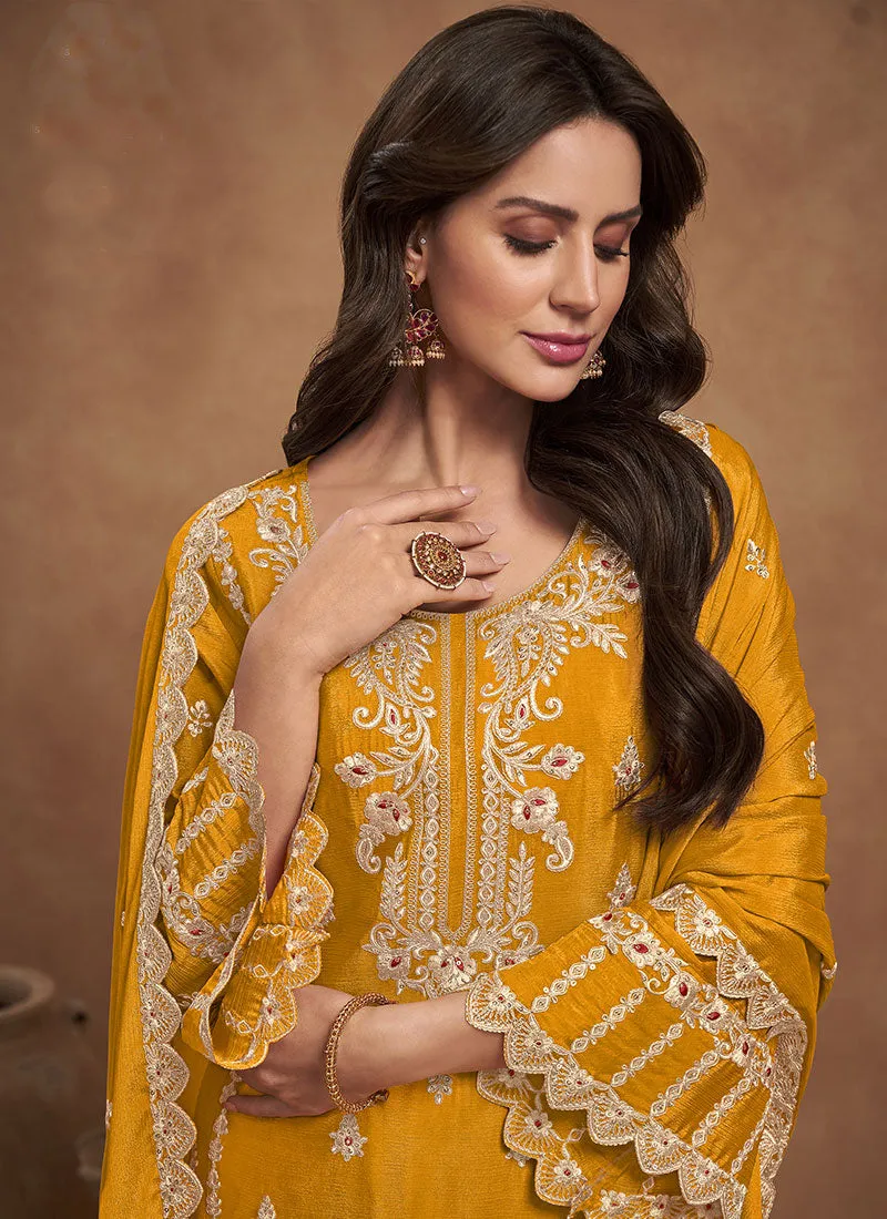 Yellow Thread Embroidery Palazzo Style Suit