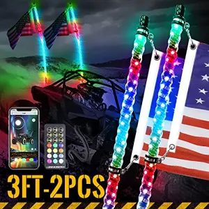 Yiswhis 2PCS 3FT(0.9M) 360° Spiral LED RGB Chase Dancing Light Can Controlled by remote and app Simultaneously LED Whips for UTV, ATV, Off Road, Truck, Sand, Buggy Dune, RZR, Can-am, Boat